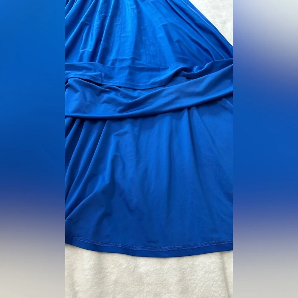 Royal Blue Satin Maxi Gown with Plunge Neckline and Dolman Sleeves - Picture 13 of 16